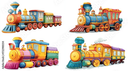 Four vibrant cartoon steam trains, each uniquely colored with multiple carriages, detailed features, and whimsical designs, set against a white background