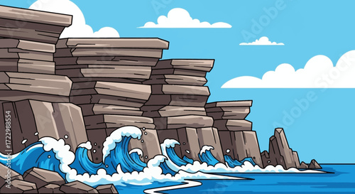 Ocean waves crashing against rugged cliffs.