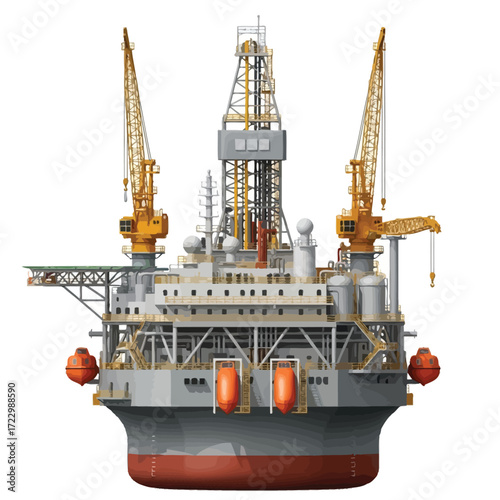 Detailed vector illustration of a semi-submersible offshore oil drilling rig isolated on a white background
