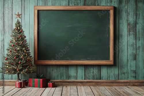 Generative AI festive school New Year banner with empty chalkboard, Christmas decorations for copy space advert