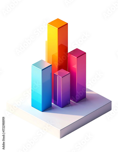 Isometric 3D colorful bar graph on white square base, vibrant hues, showcasing data visualization