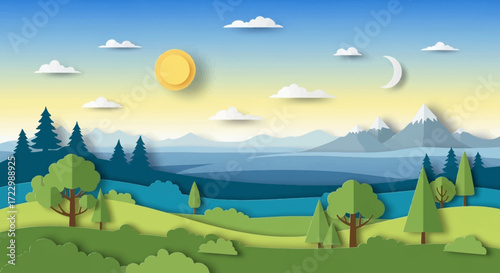 Paper cut style landscape with trees, hills, and mountains.