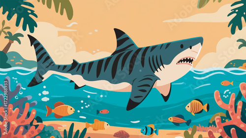 Illustration Of A Tiger Shark In The Waters With A Background Of Tropical Fish And Coral Vector Design Template