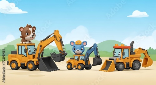 Delightful construction site featuring cartoon animals operating excavators