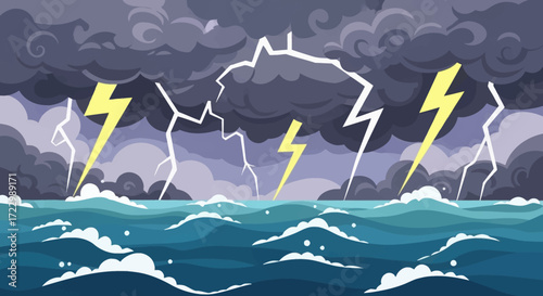 Powerful lightning strikes illuminate a turbulent ocean storm.