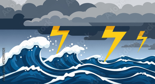 Powerful ocean waves and lightning during a stormy weather.