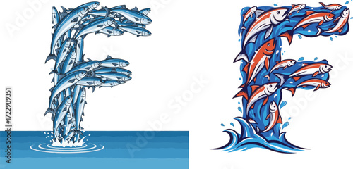 Creative Letter F Symbol Formed by School of Fish and Dynamic Water Elements