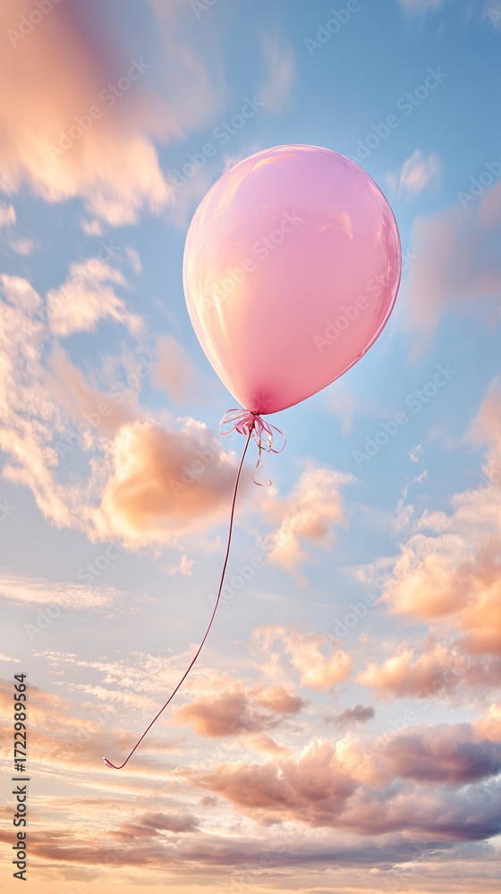 Obraz premium single pink balloon in pastel blue sky, whimsical surreal concept, minimal style, copyspace