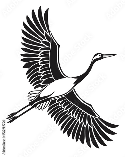 "Flying Crane Bird Silhouette Vector Illustration – Minimalist Black and White Design"