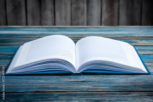 Open Blue Book on Weathered Wood Table with Blank Pages. Mock up promotion information for marketing announcements and details, blank white space.