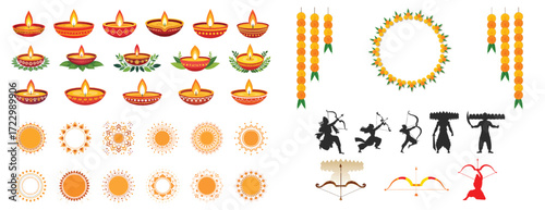 Indian traditional fastival elements: dussehra diwali, durga, puja, navratri, holi, diya, mandala, marigold, flower, garland, rama, ravan, bow, black, silhouette, 