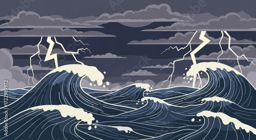 Powerful ocean waves crashing under a stormy sky with lightning strikes.