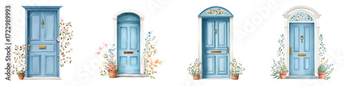 Watercolor Blue Door Collection with Flowers, Hand-Painted Isolated on White Background