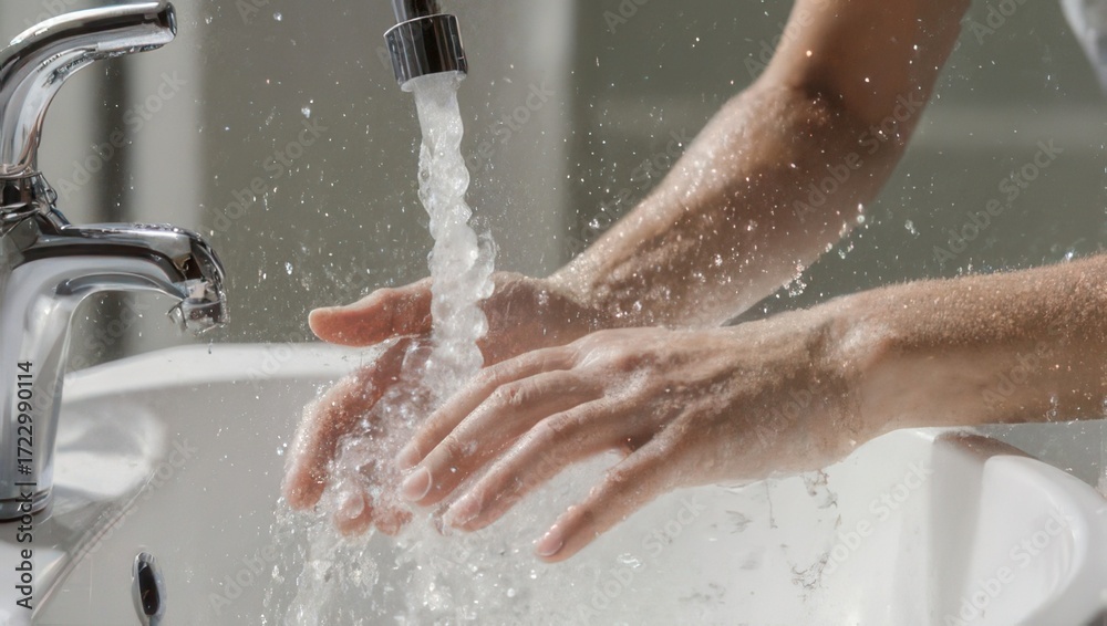 Fototapeta premium Invigorating splash of water as hands cleanse under faucet stream, promoting hygiene and wellness, ideal for health and lifestyle campaigns