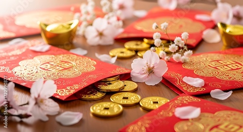 Chinese New Year celebration with red envelopes gold coins and blossoms.