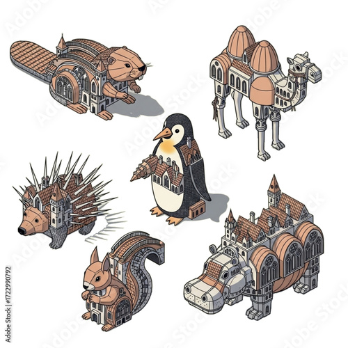 Unique Animal Architecture Icon Set A Collection of Whimsical Building-Animal Hybrids