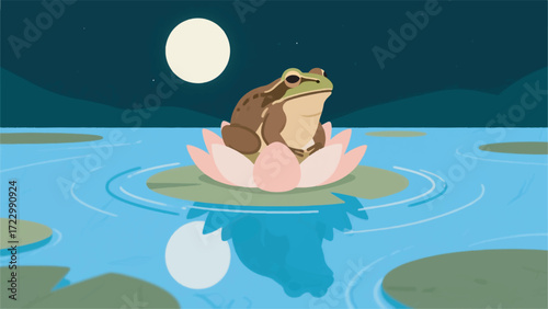 Illustration Of A Large Brown Frog Sitting On A Lotus Flower With The Moon Reflecting In The Water Vector Design Template
