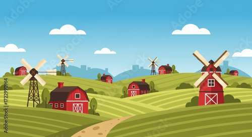 Rural landscape with traditional red barns and windmills on green hills.