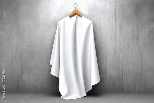 White Fabric Draped on Hanger in Minimalist Grey Studio Space. Mock up promotion information for marketing announcements and details, blank white space.