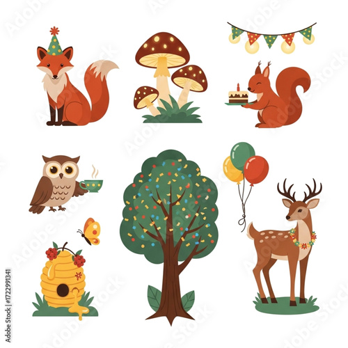 Whimsical Woodland Creature Icon Set for Festive Celebrations
