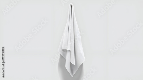 Clean White Towel Hanging on Gray Hook Against Solid Wall Backdrop. Mock up promotion information for marketing announcements and details, blank white space.