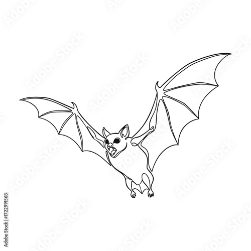 Single line art of a flying bat with spread wings, black outline illustration perfect for coloring pages, tattoo themes, and spooky designs.