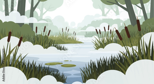 Serene wetland landscape with a winding river and lush vegetation.