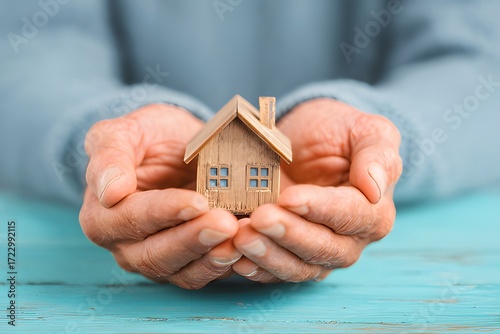 Elderly hands holding small wooden house model symbolizing home care, security, and family protection