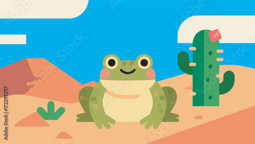 Illustration Of A Small Fat Frog With A Funny Expression In The Desert With A Cactus Vector Design Template