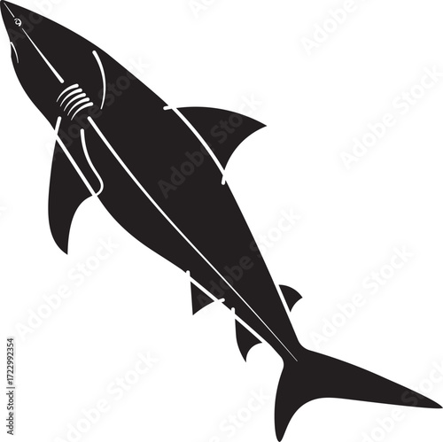 Vector silhouette of a shark, symbol of strength and marine wildlife, ideal for ocean themes, nautical logos, aquatic education, conservation projects, fishing illustrations, and underwater designs.