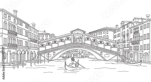 Detailed Line Art Rendering of Rialto Bridge and Venetian Canal Scene