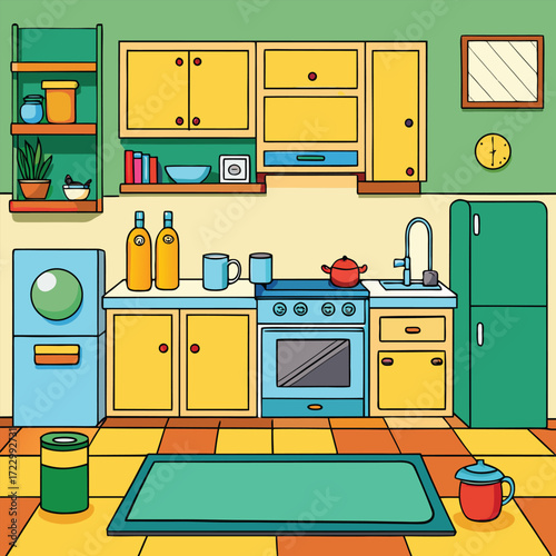 Colorful cartoon kitchen illustration with appliances furniture and utensils scalable vector art