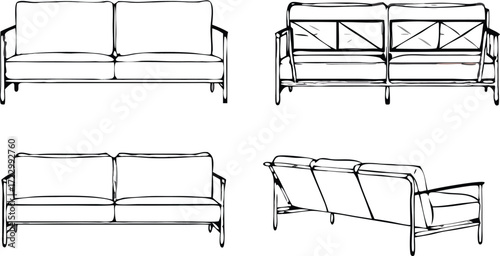Vector art of technical drawing of a modern sofa from front, back, top, and side views 

