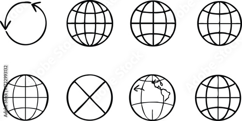 Illustration of globes and rotation symbol, representing global connectivity, worldwide communication, and geographical concepts with grid lines and continental outlines