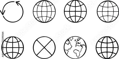 Illustration of globes and rotation symbol, representing global connectivity, worldwide communication, and geographical concepts with grid lines and continental outlines
