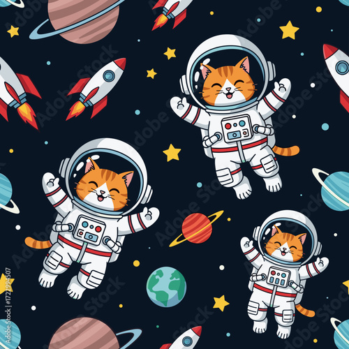 Smiling astronaut cats float happily among rockets and planets in a fun space adventure pattern