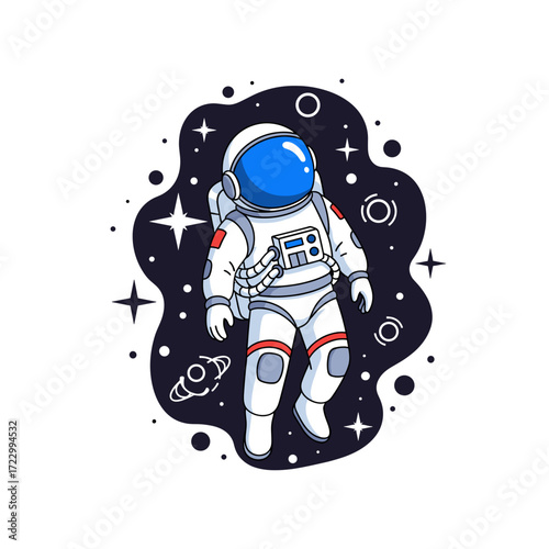 Cartoon astronaut floats in starry cosmic background Space exploration discovery dreams