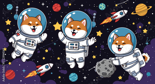 Cute Shiba Inu astronauts explore the colorful universe with rockets and planets Fun space adventure