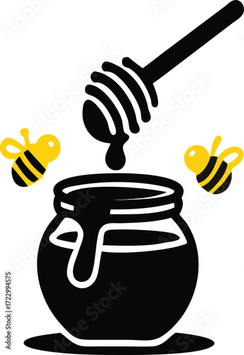 Honey dipper dripping silhouette honey into a jar with bee icon nearby, white background, flat vector illustration for World Bee Day 
