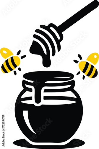 Honey dipper dripping silhouette honey into a jar with bee icon nearby, white background, flat vector illustration for World Bee Day 
