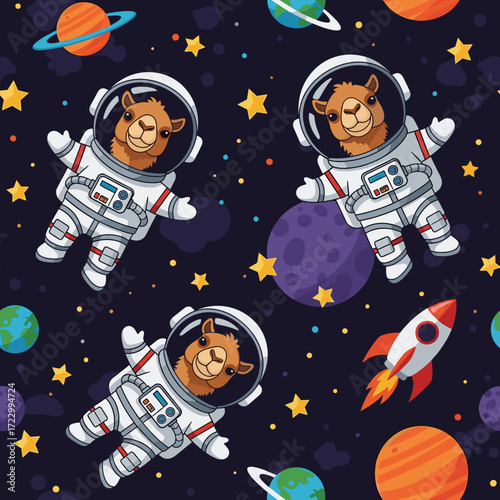 Cute cartoon camels in astronaut suits exploring space with planets and a rocket Fun cosmic adventure