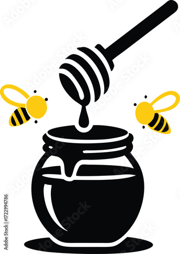 Honey dipper dripping silhouette honey into a jar with bee icon nearby, white background, flat vector illustration for World Bee Day 
