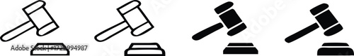 Vector art of gavel icons transitioning from outline to solid black on sound block 
