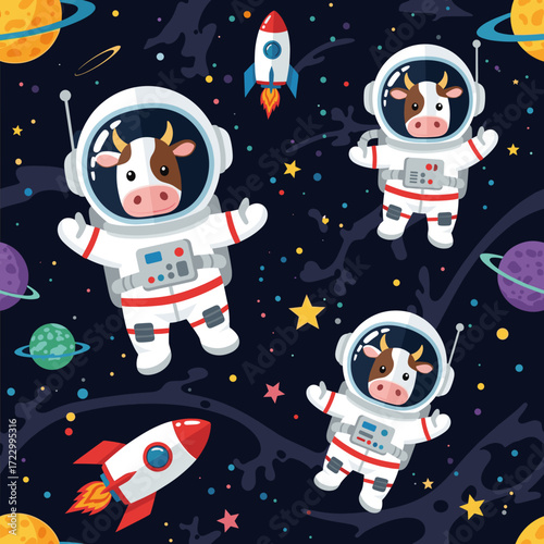 Whimsical cartoon astronaut cows float happily in colorful outer space with rockets and planets