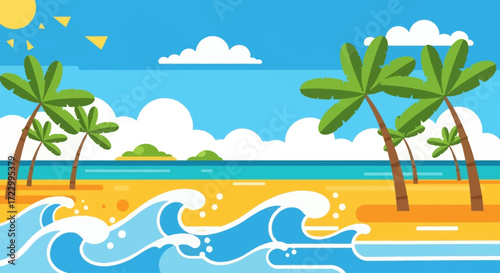 Tropical beach with palm trees and ocean waves.