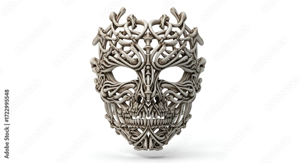 Naklejka premium Intricate ornate mask with a skull-like face, crafted from interwoven metallic filigree against a clean white background