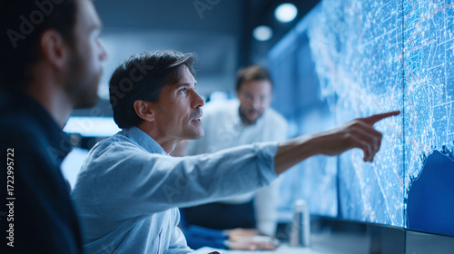 Focused team analyzes complex data on a large display screen, pointing to key insights. Represents strategy, technology, innovation, and collaboration.