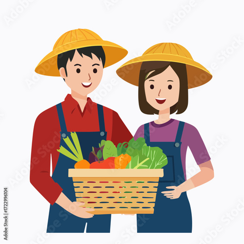 採れたて野菜のカゴを持つ農家の夫婦のベクターイラスト素材