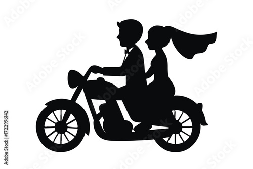 Bride and Groom Riding Vintage Motorcycle Silhouette