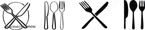 Illustration of various cutlery arrangements, including crossed knife and fork, spoon, knife, and fork combinations, isolated on white background 
